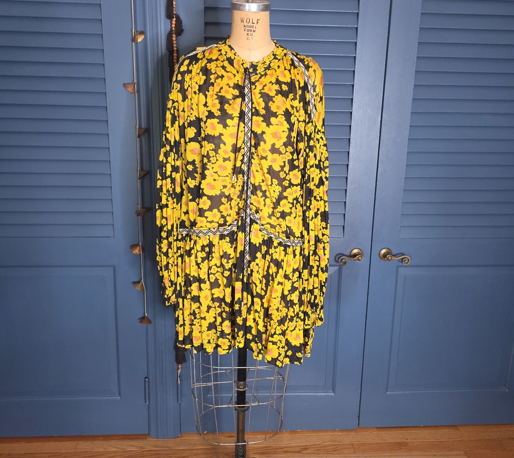 Free People Black and Yellow Floral Pleated Mini Dress